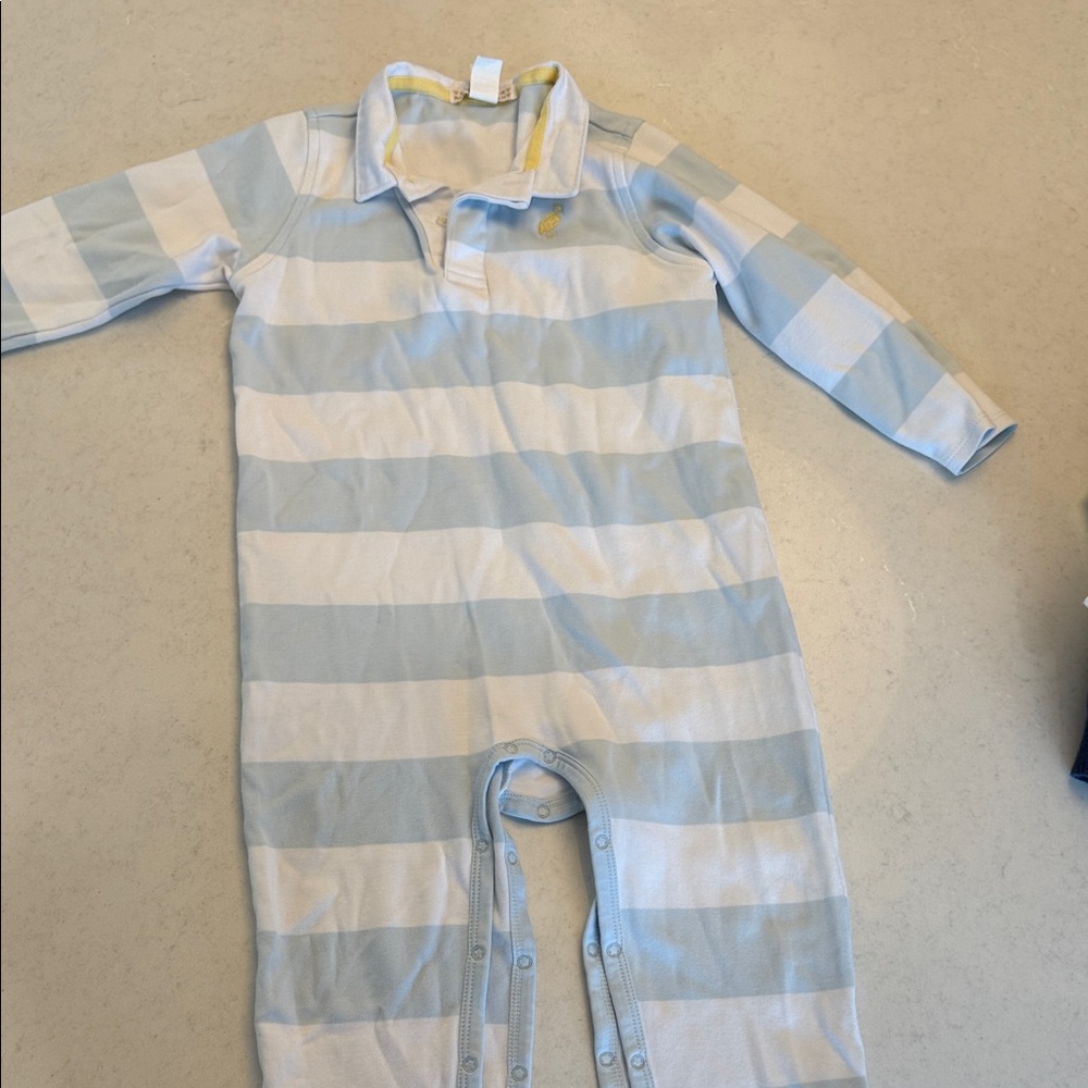 The Beaufort Bonnet Company Blue and White Striped Polo Footie